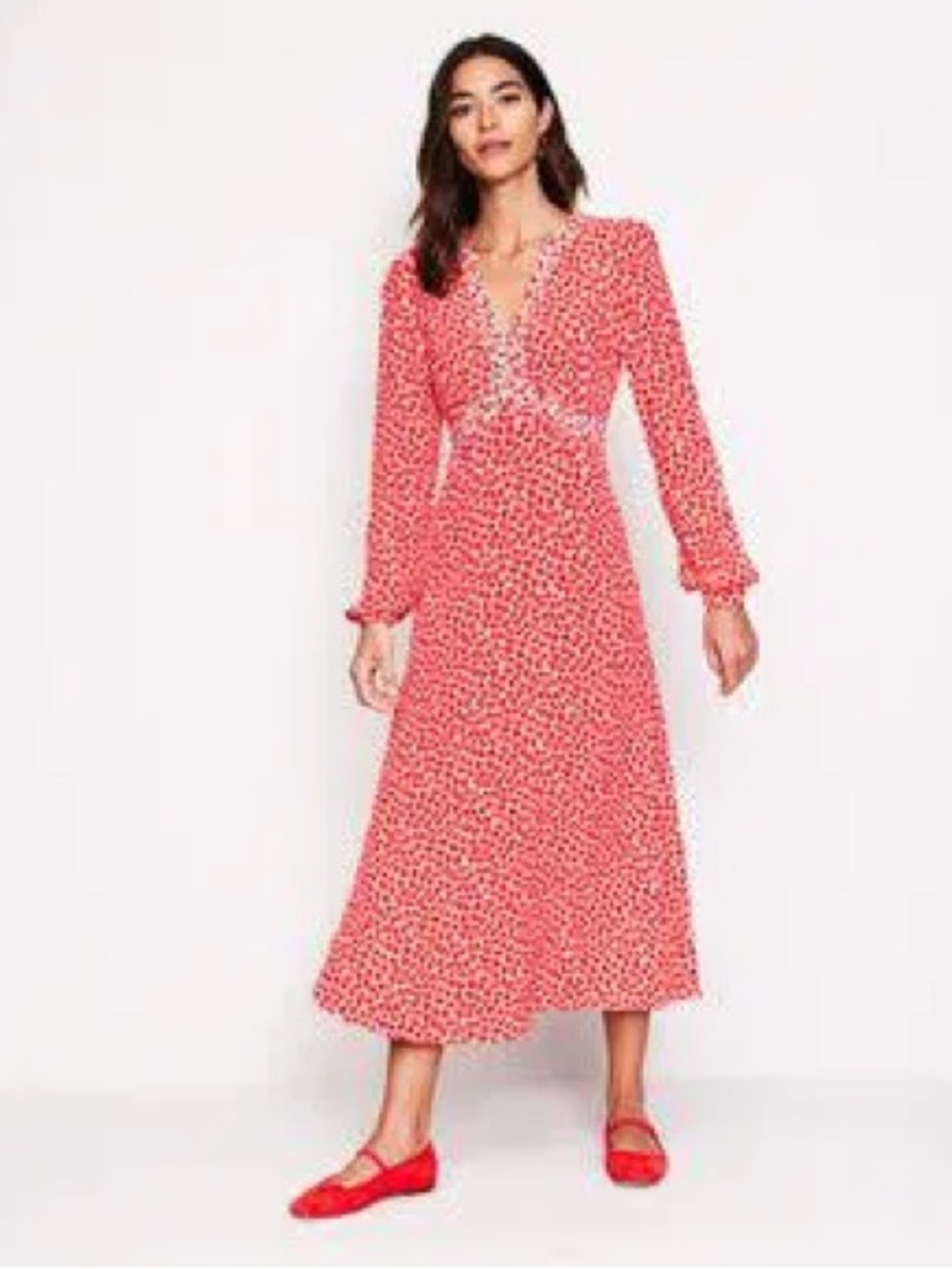 Boden Red Floral V-Neck Midi Dress
